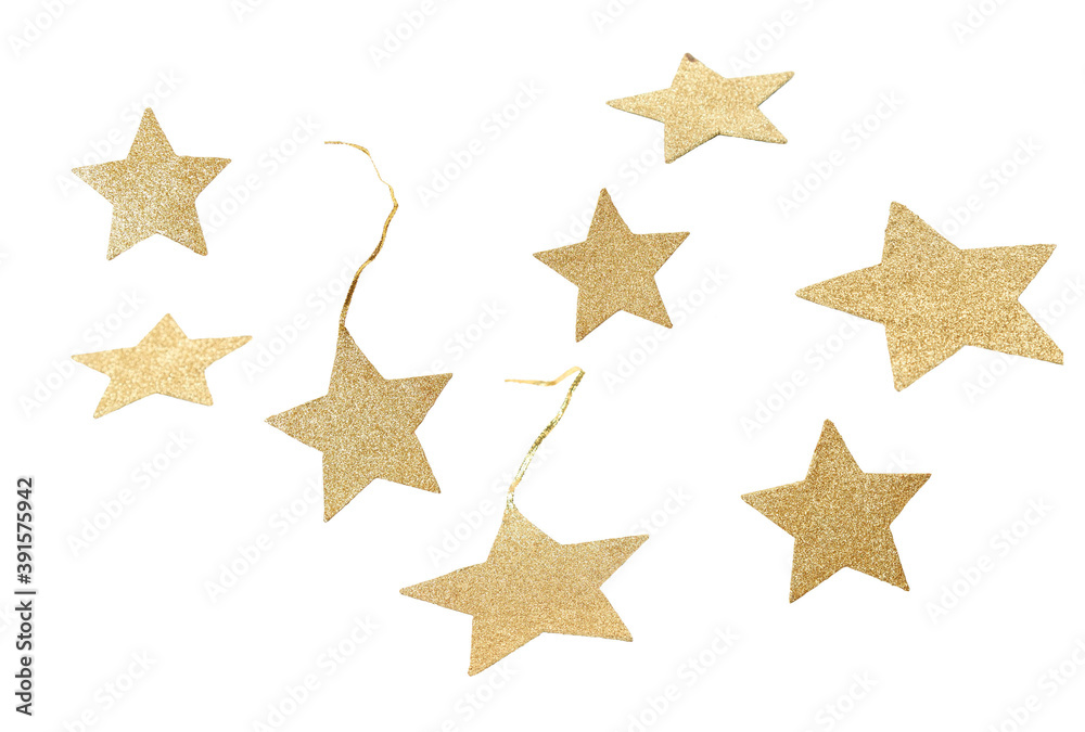 Gold stars for decoration at Christmas view from above and in perspective. Decor elements on a white isolated background Gold stars for decoration at Christmas view from above and in perspective. Decor elements on a white isolated background