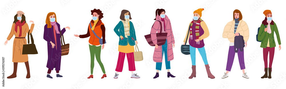 Group of womans wearing surgical masks, prevention and safety. Quarantine coronavirus 2019-nCoV 2 wave epidemic precautions. Trendy style vector illustration