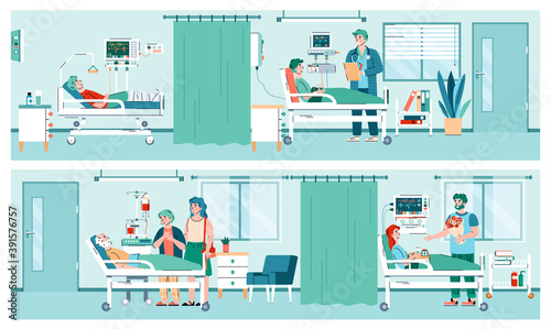 Set of hospital ward interiors with patient, doctor and relatives cartoon characters, flat vector illustration. Banners on topic of hospital stays and healthcare.