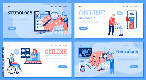 Neurology medical care and online professional consultation website banners set with cartoon people, flat vector illustration. Human brain neurological diseases.