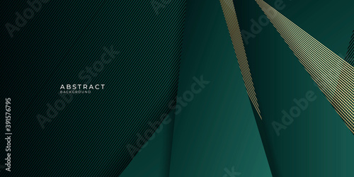 Luxury green background combine with glowing golden lines. Overlap layer textured background 
