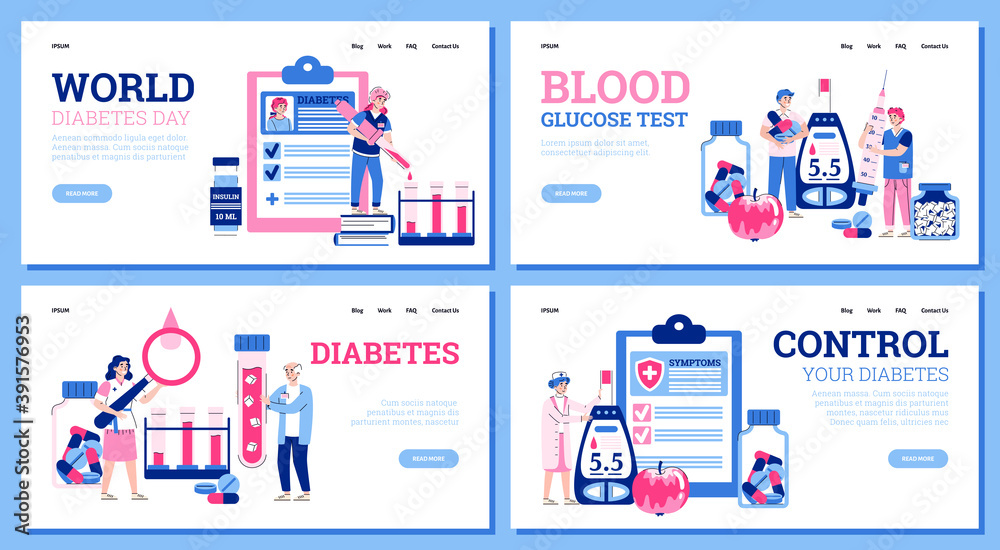 Set of web banners for diabetes disease treatment with cartoon people characters, flat vector illustration. Medical concept of diabetics glucose test and health control.