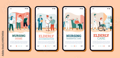 Onboarding pages set for nursing home services with cartoon people, flat vector illustration. Mobile app pages for elderly and disabled people nursing and accommodation.