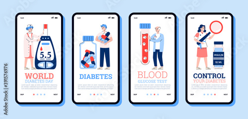 Set of onboarding page designs for diabetes treatment with cartoon people characters, flat vector illustration. Diabetics glucose test and health control application. photo