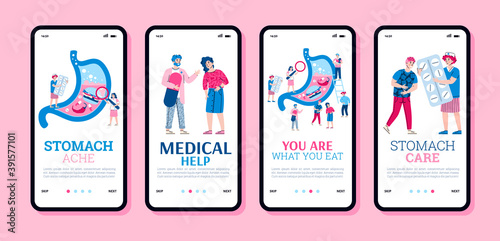 Set of onboarding pages for gastroenterological diseases and abdominal pain treatment with people suffering from stomach ache, flat cartoon vector illustration.