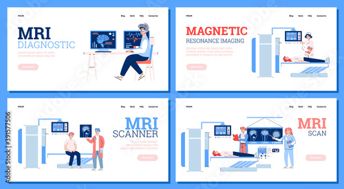 Website banners of MRI diagnostics and health condition exam with help of magnetic resonance imaging scanner, set flat vector illustrations on white background.