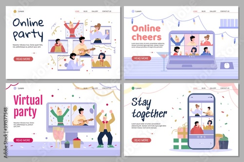Online birthday, virtual party. Remote celebrations using internet for friends at a long distance or stay at home in quarantine. Set of landing pages templates. Vector illustrations
