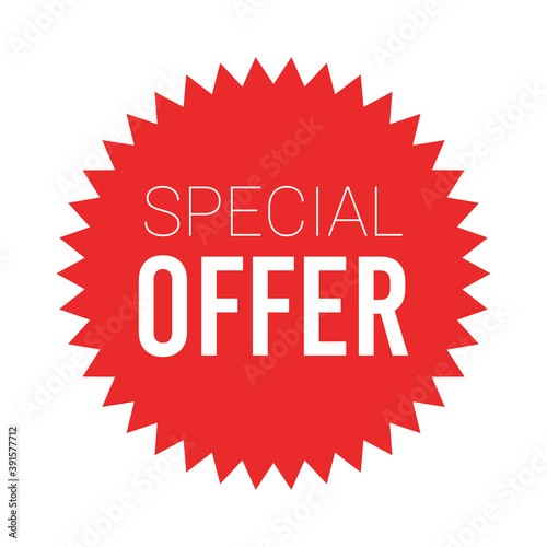 Red sale starburst sticker - stared round label and badge with best offer and discount sign.