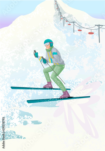 Young man in suit skiing in mountains. Vector illustration concept