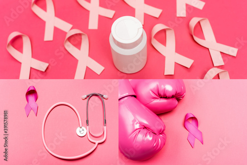 Collage of jar with pills, pink ribbons of breast cancer awareness and stethoscope on pink background