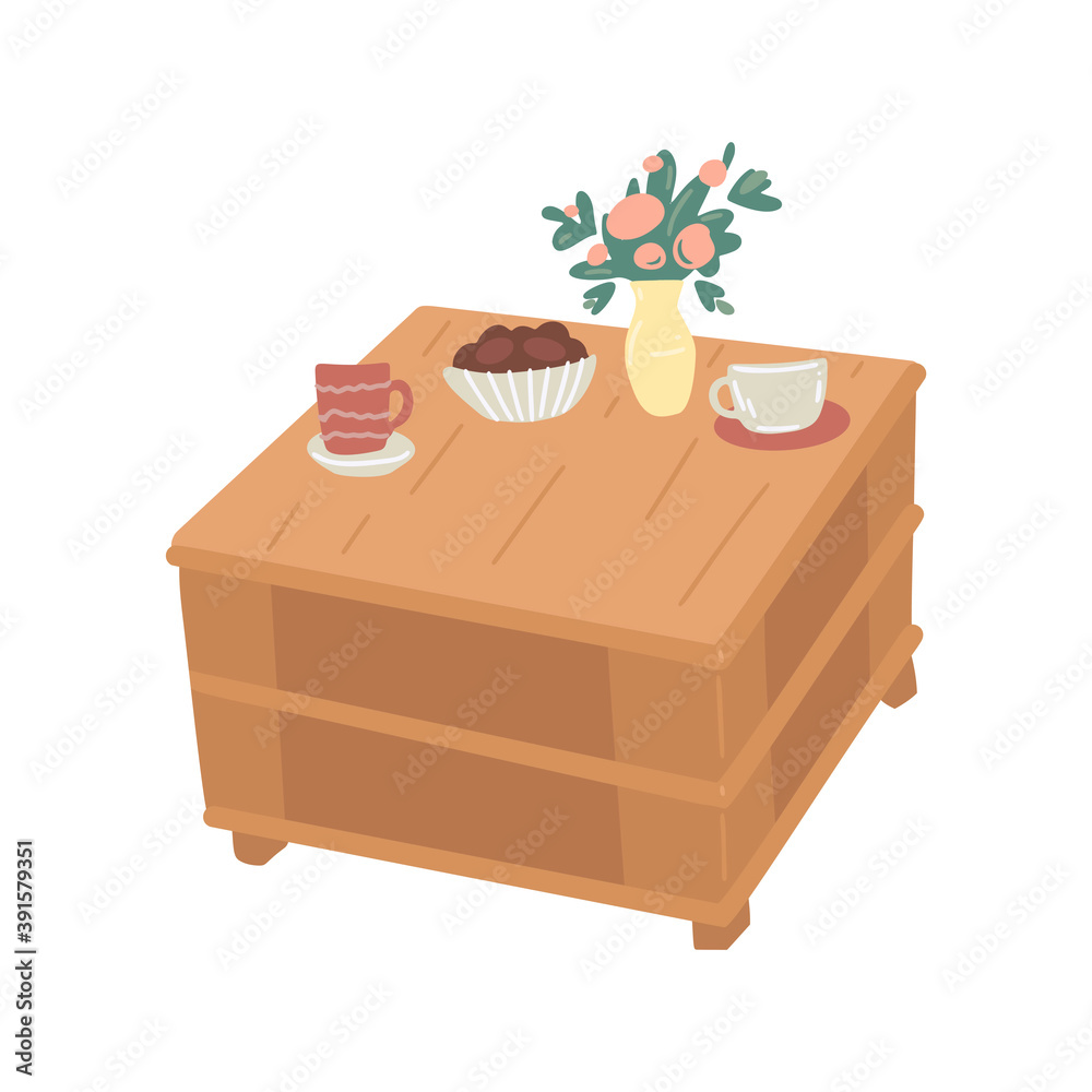 Wooden coffee table. Isolated on white background. Vector cartoon illustration Wooden coffee table. Isolated on white background. Vector cartoon illustration