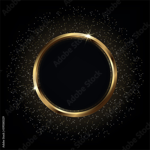 Shiny gold circle frame on Luxury glowing black background with bright lights and golden sparkles,Vector illustration