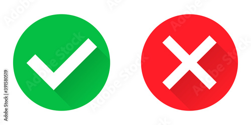 Green tick and red cross in circle. Checkmark and x sign. Isolated correct and wrong icons. Yes and no illustration on white background. Error and positive sticker. Positive and negative set. EPS 10.