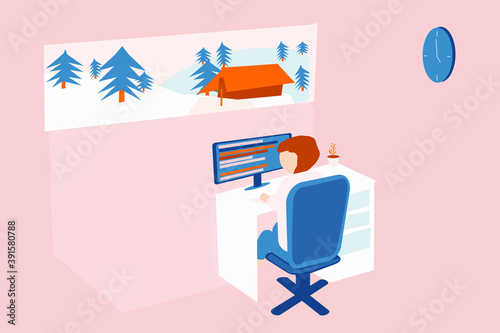 Abstract the men in the office. work  in christmas days. for smooth vector, snow out the window and wood house wallpaper. relax picture. design esp10. photo