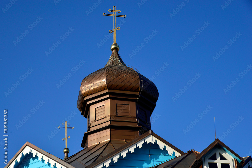 wooden historic temple built in 1885 Orthodox church of the elevation of the Lord's Cross in the village of Narew in Podlasie, Poland
