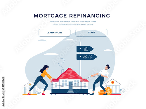 Mortgage refinance banner. Co-borrowers push and drag a home to the bank for house pawning with getting cash out. Property refinancing, house pawn vector illustration. Modern flat cartoon design