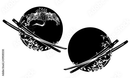 samurai katana sword, blooming sakura branches and crane bird - japanese martial arts black and white vector design set photo