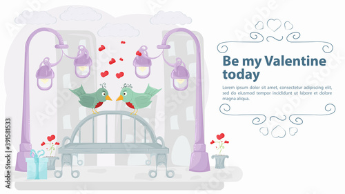 two lovebirds sit on a bench against the background of the city the inscription congratulations on a holiday illustration for design flat style