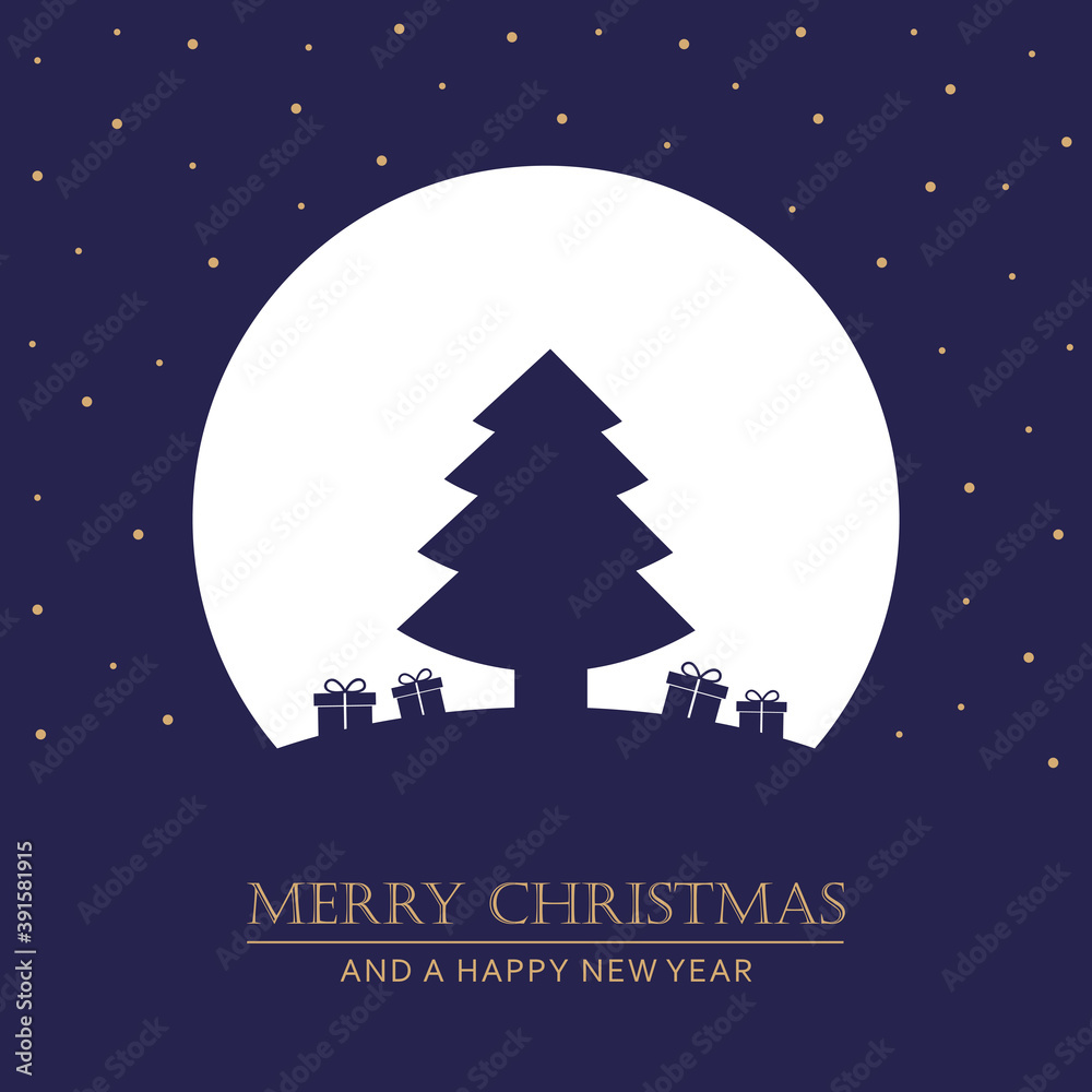 Naklejka premium christmas card with tree and gifts at full moon night vector illustration EPS10