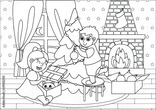 New year's children's coloring book. A girl opens a gift, a boy dresses up a Christmas tree. Print for fairy tales. Cute brother and sister celebrate a home holiday. cartoon style