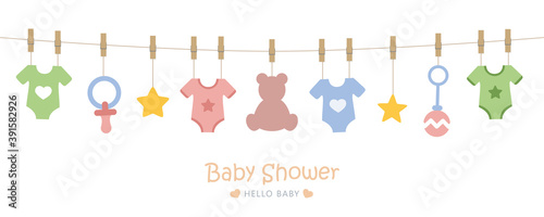 baby shower welcome greeting card for childbirth with hanging utensils vector illustration EPS10