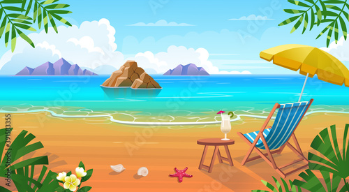  Summer tropical beach with sun loungers, table with cocktails, umbrella, mountains and islands. Seaside landscape, nature vacation, ocean or sea seashore.Vector cartoon illustration.