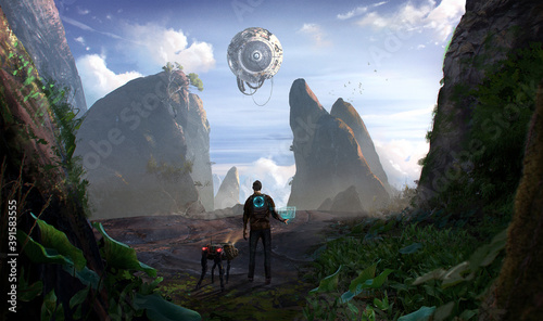 Billede på lærred Science fiction illustration of an adventurer or explorer, accompanied by a robotic dog, entering a mountainous hidden enclave, being watched by an ominous spheric alien from above