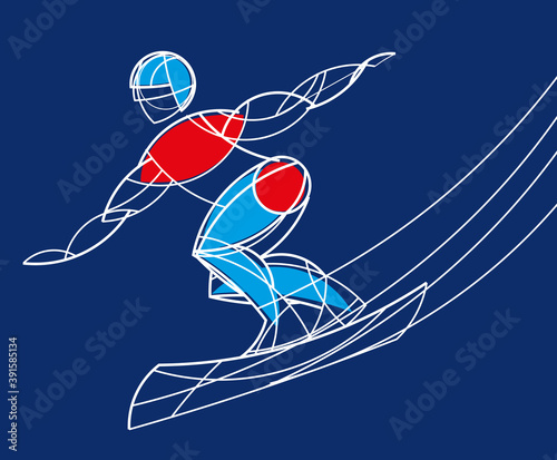 Stylish linear sportsman snowboarder in motion. Vector graphics