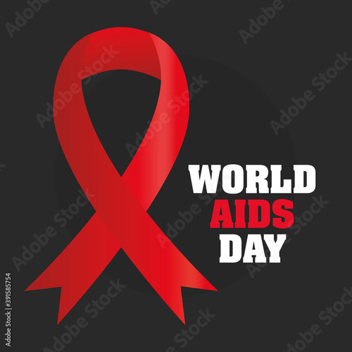 world aids day lettering with a big red ribbon in left