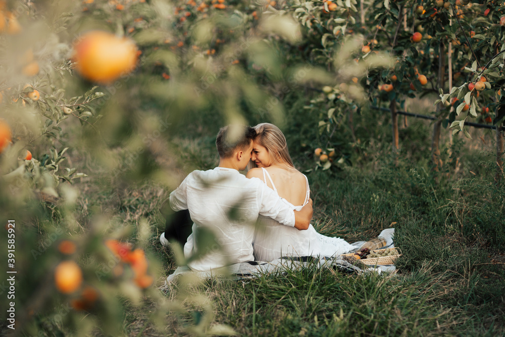 Back view of loving couple enjoying picnic in apples orchard.
