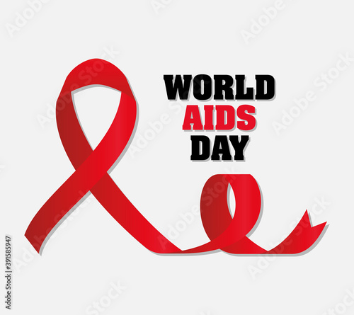 world aids day lettering and one ribbon with a knot on a white background