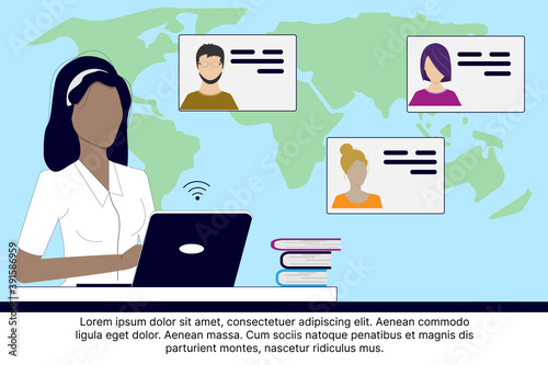 Videoconference concept design on world map background. Online meeting, online training, work form. Vector illustration.