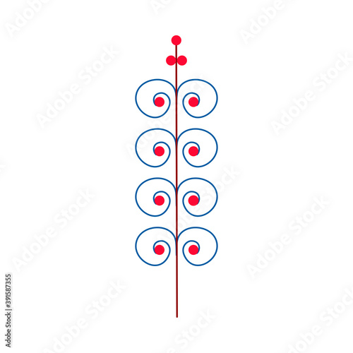 Scandinavian flower blue and red, minimalistic nordic style. Vector illustration on an isolated white background. Flower head, petals, leaves and branches. Fantasy folk hand drawn decoration elements.