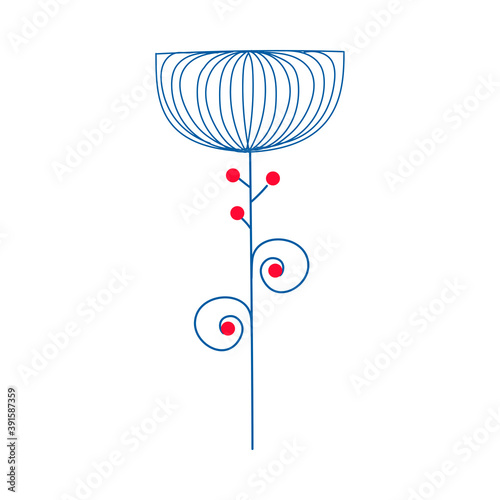 Scandinavian flower blue and red, minimalistic nordic style. Vector illustration on an isolated white background. Flower head, petals, leaves and branches. Fantasy folk hand drawn decoration elements.
