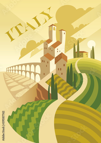 Traditional rural european landscape with vineyards, old houses and aqueduct. Italy. Cover design
