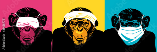 Vászonkép Three wise monkeys with medical face masks