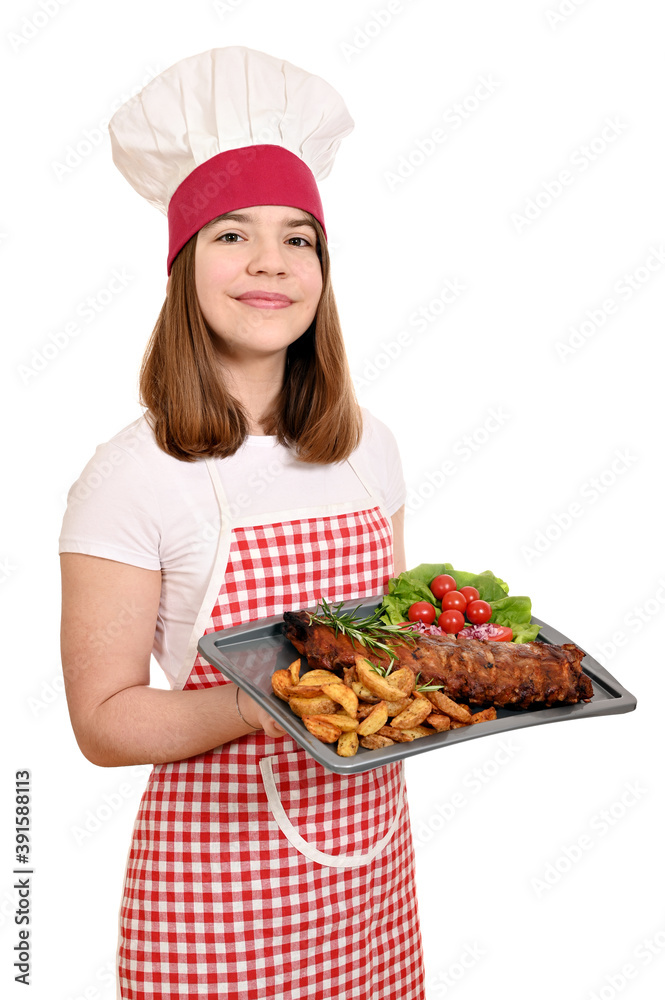 female cook with pork ribs at plate female cook with pork ribs at plate