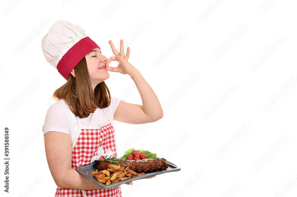 happy girl cook with pork ribs at plate and ok hand sign happy girl cook with pork ribs at plate and ok hand sign