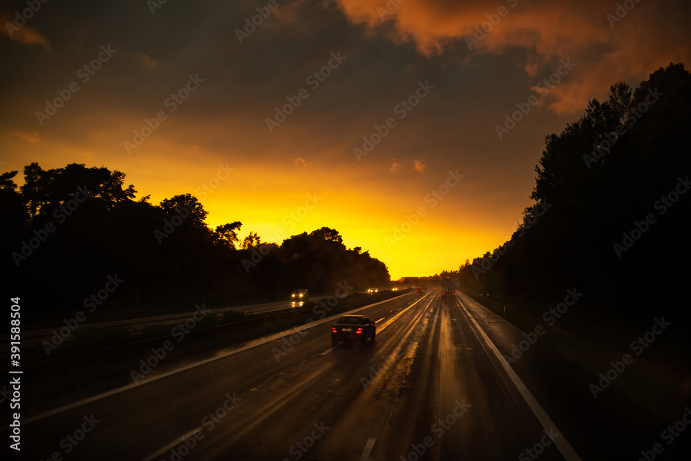 Traffic on the freeway at twilight