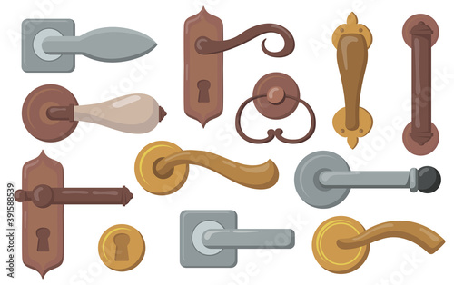 Door handles set. Traditional knobs with keyholes, modern metal doorknobs. Vector illustration for interior, furniture, accessory, entry concept
