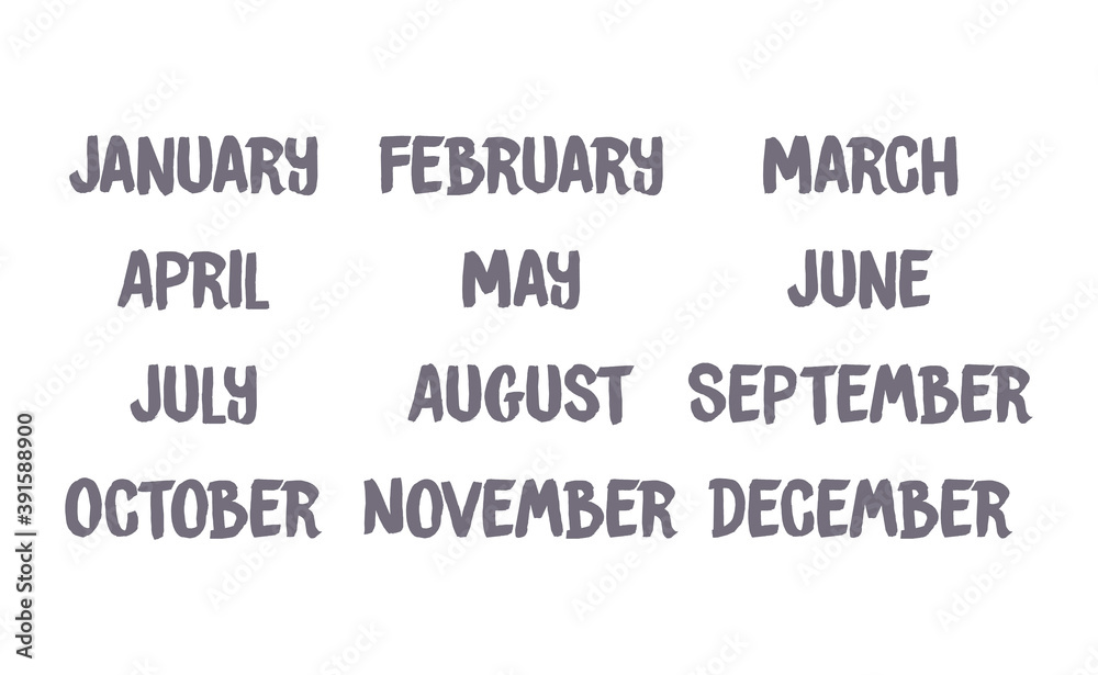 Handwritten names of months: December, January, February, March, April, May, June, July, August, September, October, November. Calligraphy words for calendars and organizers.