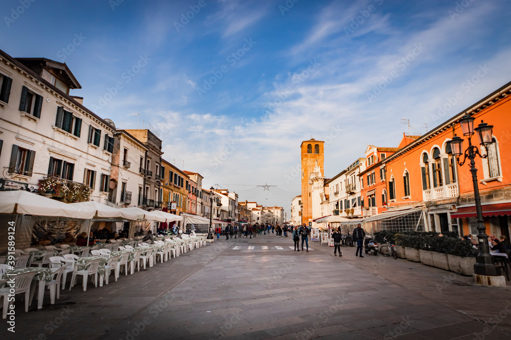 Panoramic view of the urban landscape of the center of Chioggia - near Venice - with typical ancient italian buildings