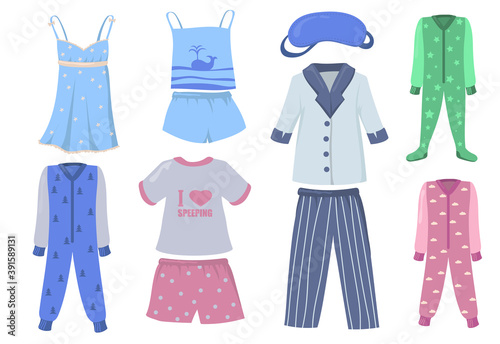 Pajamas for kids and adults set. Shirts and pants or shorts, night wear, sleeping suits isolated on white background. Vector illustration for bedtime, sleeping, clothes concept