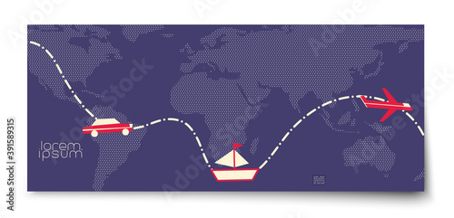 Time to travel minimalist background. Trip around the world on different transport car, airplane, ship. Traveling path on the world map. Ticket, boarding card. 
