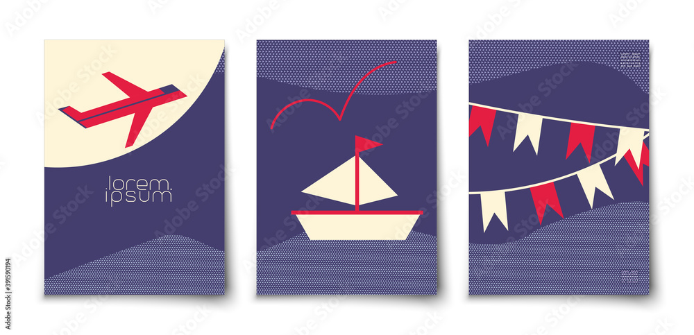 Minimalistic travel flat vector background. Travelling boat. Sailing ship. Flying airplane. Cars on road. Minimalistic travel flat vector background. Travelling boat. Sailing ship. Flying airplane. Cars on road.