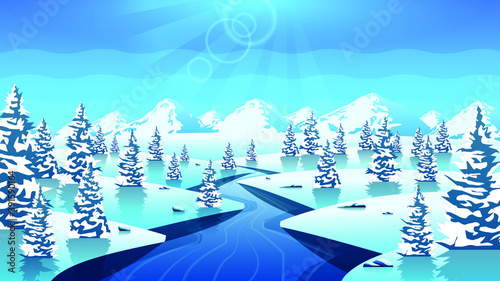Abstract Winter Background With Trees Forest Mountains Snowflake Vetor River Design Style Nature Landscape
