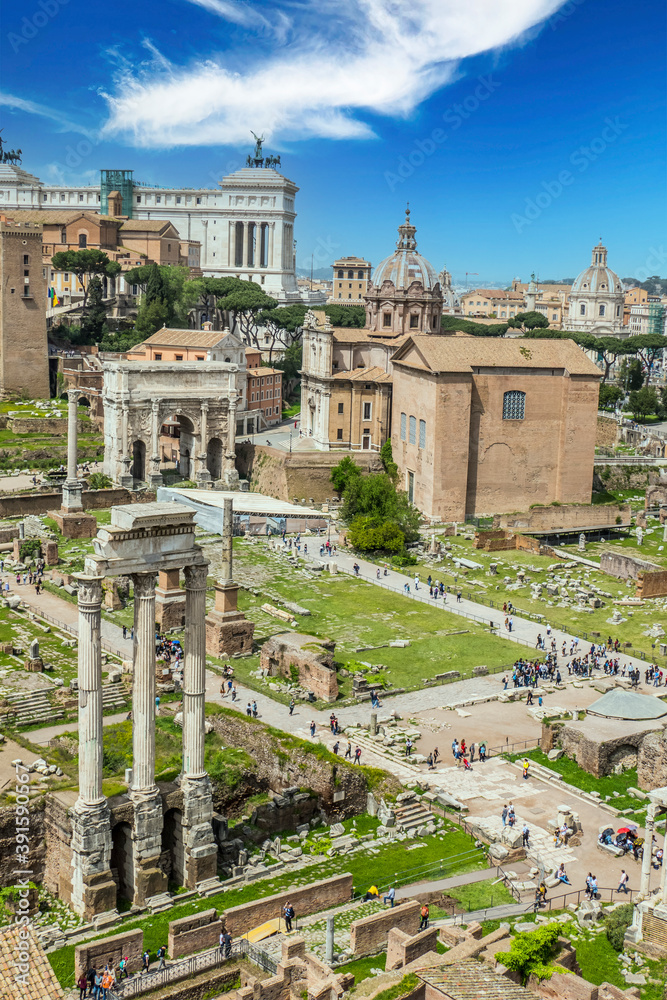 aerial panoramic view of the ruins of the Roman Forum