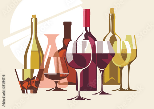 Group of colorful wine bottles and wine glasses