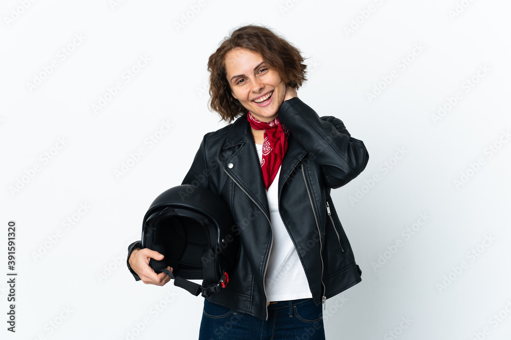 English woman holding a motorcycle helmet isolated on white background laughing English woman holding a motorcycle helmet isolated on white background laughing