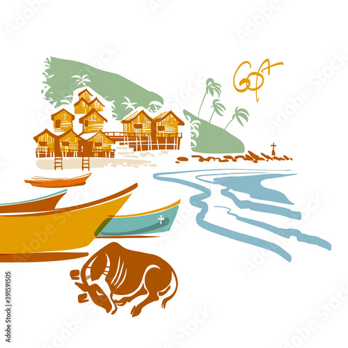 Fishing boats, little houses and caw on the beach. Goa, India